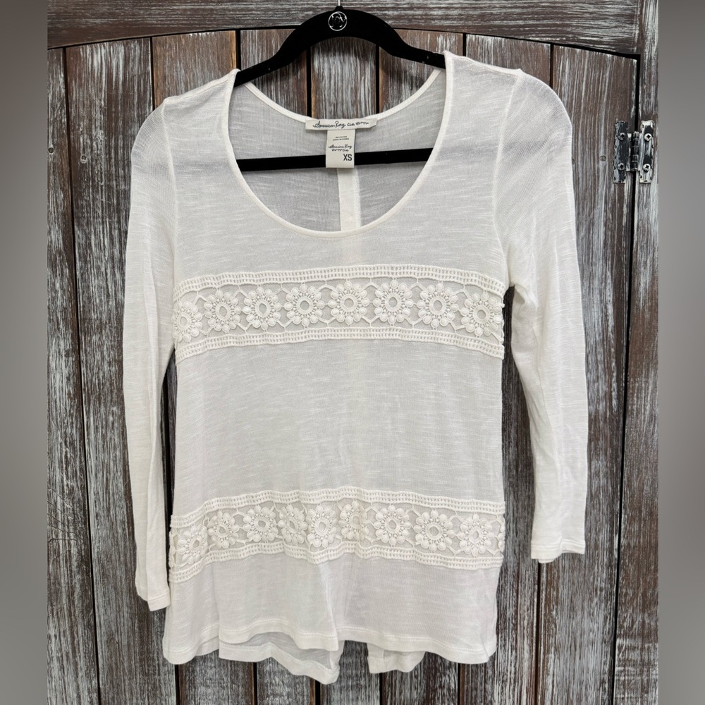 American Rag White Lace Accent Blouse Size XS